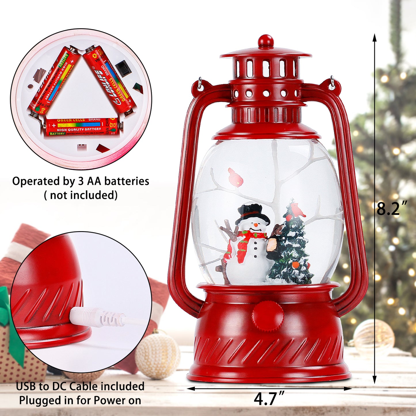 Christmas Snow Globe Lantern, Lighted Snow Globes with Swirling Glitter and Snowman, Battery Powered Retro Style Red Water Lantern for Gifts and Home Decor,Snowman