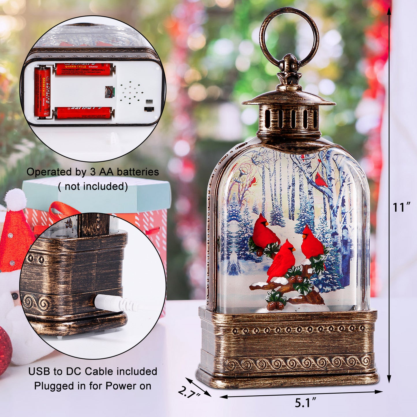 Cardinal Snow Globe,Christmas Festival Snow Globe ,Water Glittering Lantern Swirling，Gifts Festival Ornament Musical red Cardinal/Church,Trees and House, Battery or USB Powered