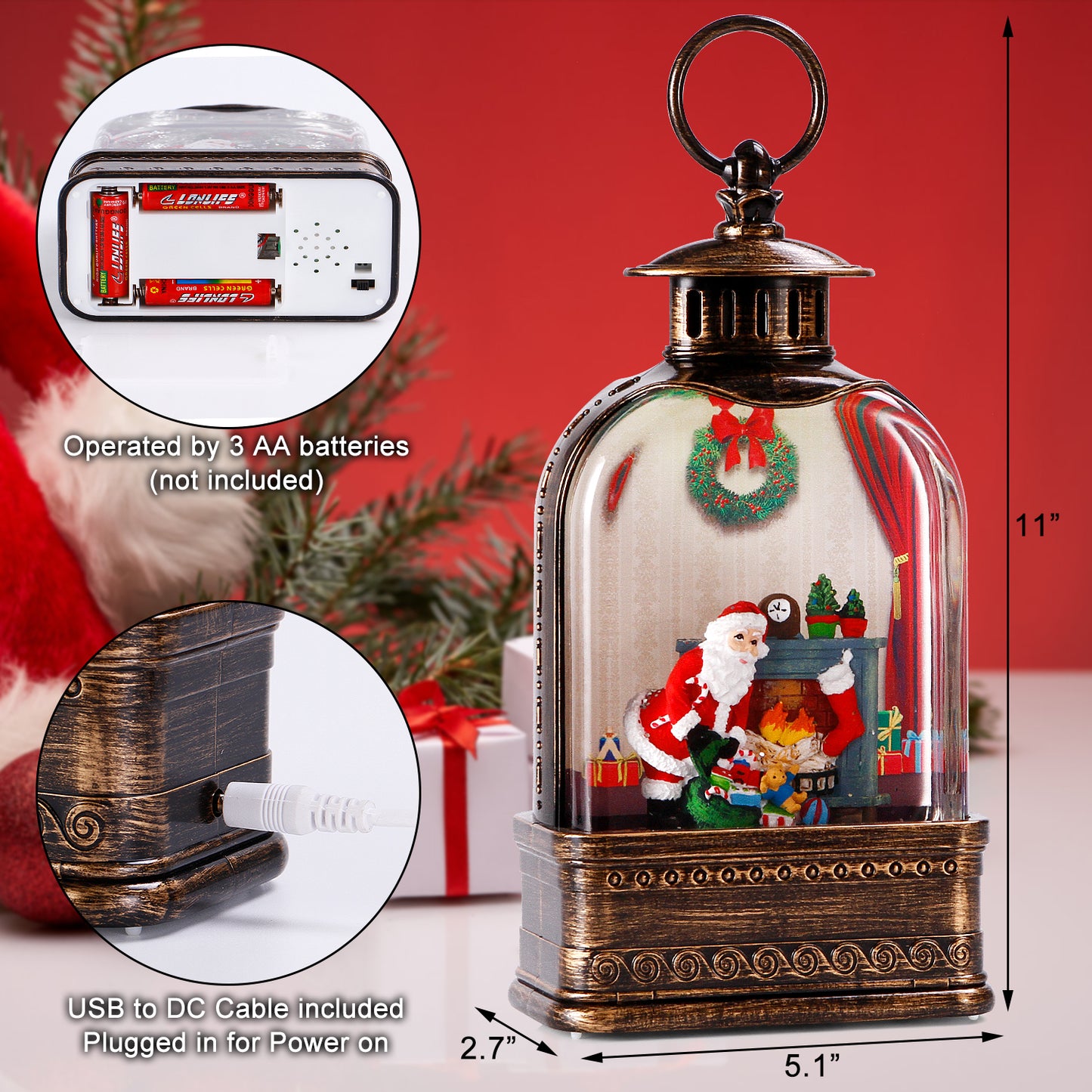 Christmas Music Snow Globe Lantern,Hand-Hold Christmas Globes Lamp Water Lantern, LED Lighted Swirling Glitter Water Lantern Christmas Home Decorations/Gift,3 AA Battery or USB,8 Christmas Songs
