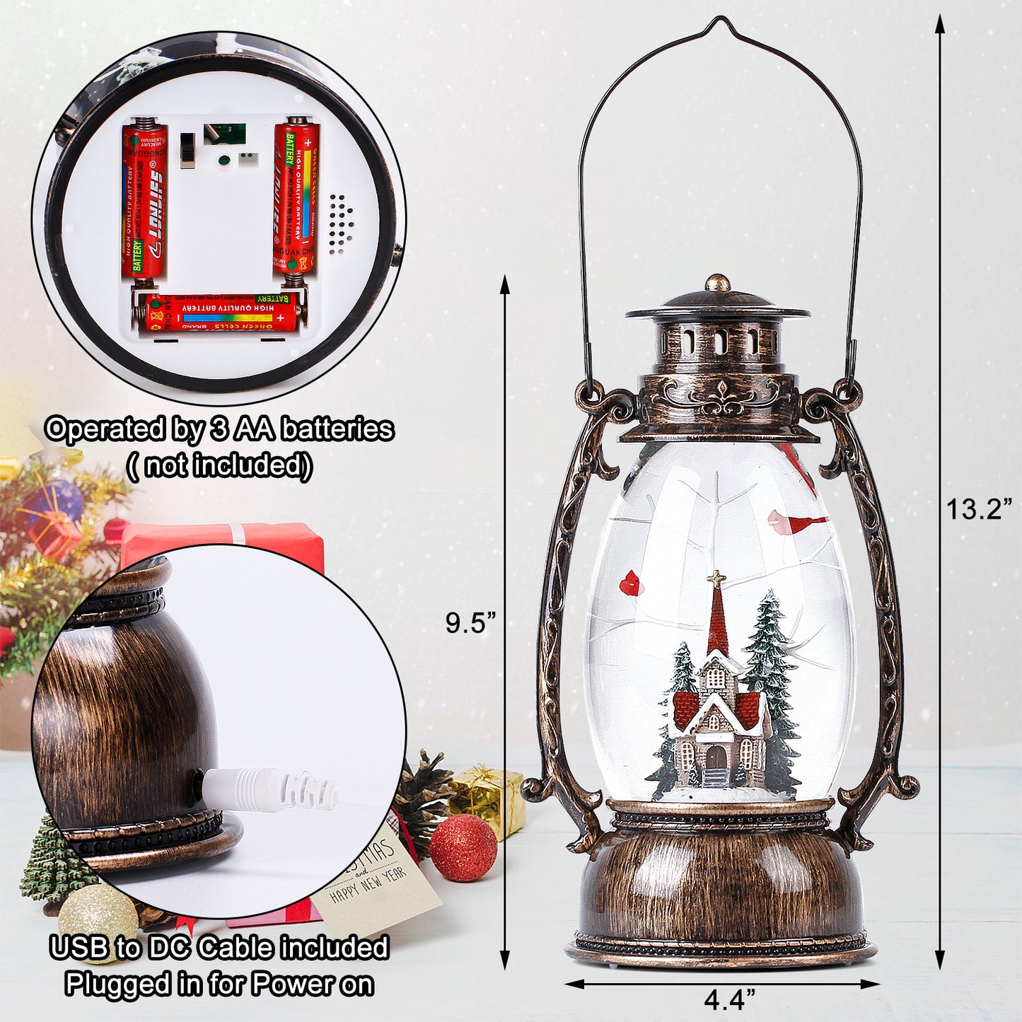 Christmas Snow Globe Lantern, Christmas Village Church Scene Lighted Snow Globes Musical with Swirling Glitter, Battery Powered Retro Style Red Water Lantern for Gifts and Home Decor