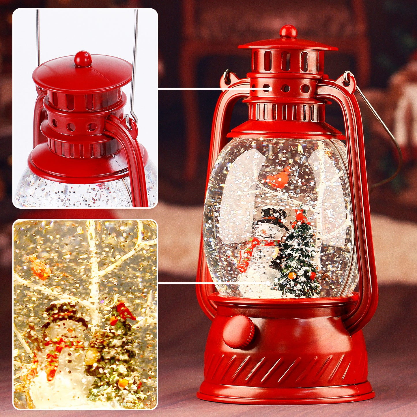 Christmas Snow Globe Lantern, Lighted Snow Globes with Swirling Glitter and Snowman, Battery Powered Retro Style Red Water Lantern for Gifts and Home Decor,Snowman