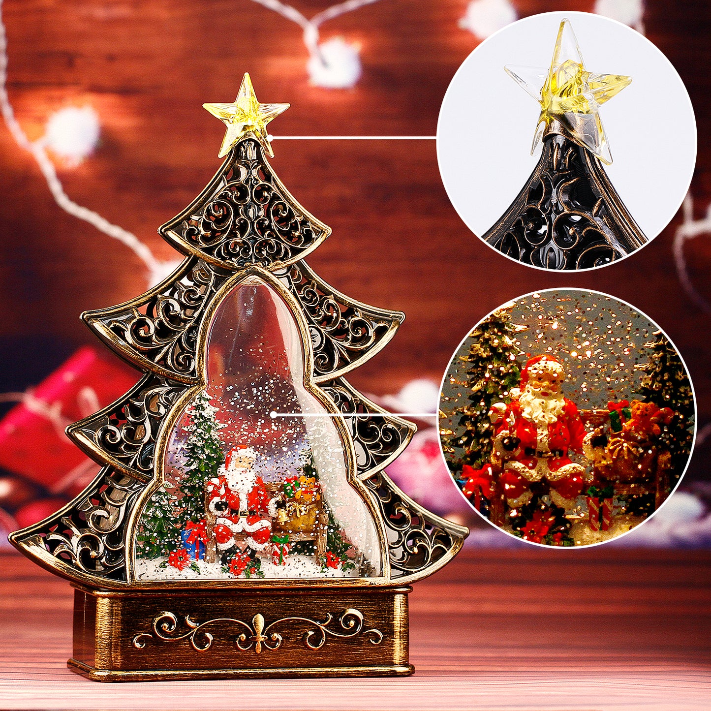 Christmas Snow Globe Lantern ,Musical Lighted Glitter Water Lantern, 3 AA Battery & USB Operated, Santa Claus, Christmas Tree Home Decoration