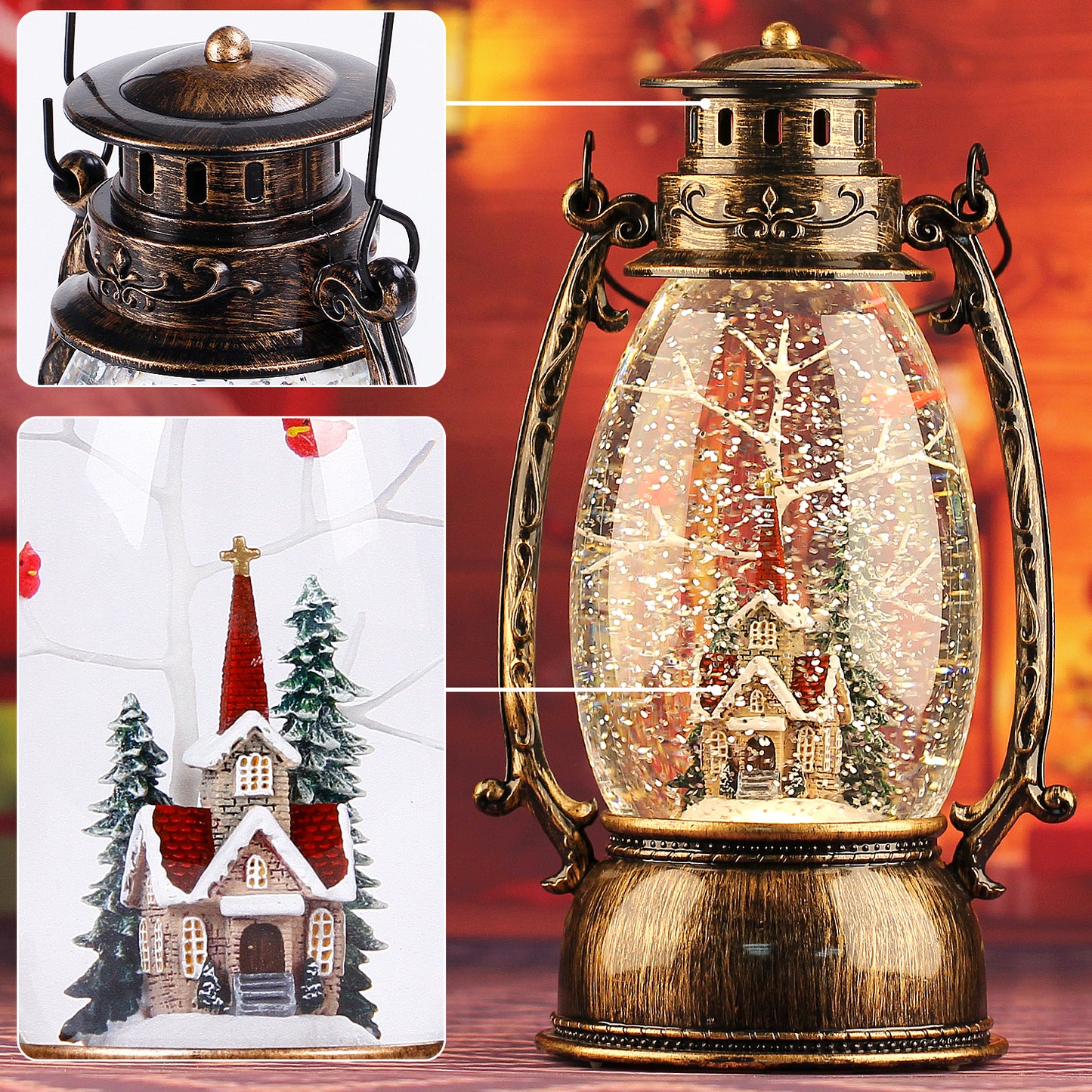 Christmas Snow Globe Lantern, Christmas Village Church Scene Lighted Snow Globes Musical with Swirling Glitter, Battery Powered Retro Style Red Water Lantern for Gifts and Home Decor