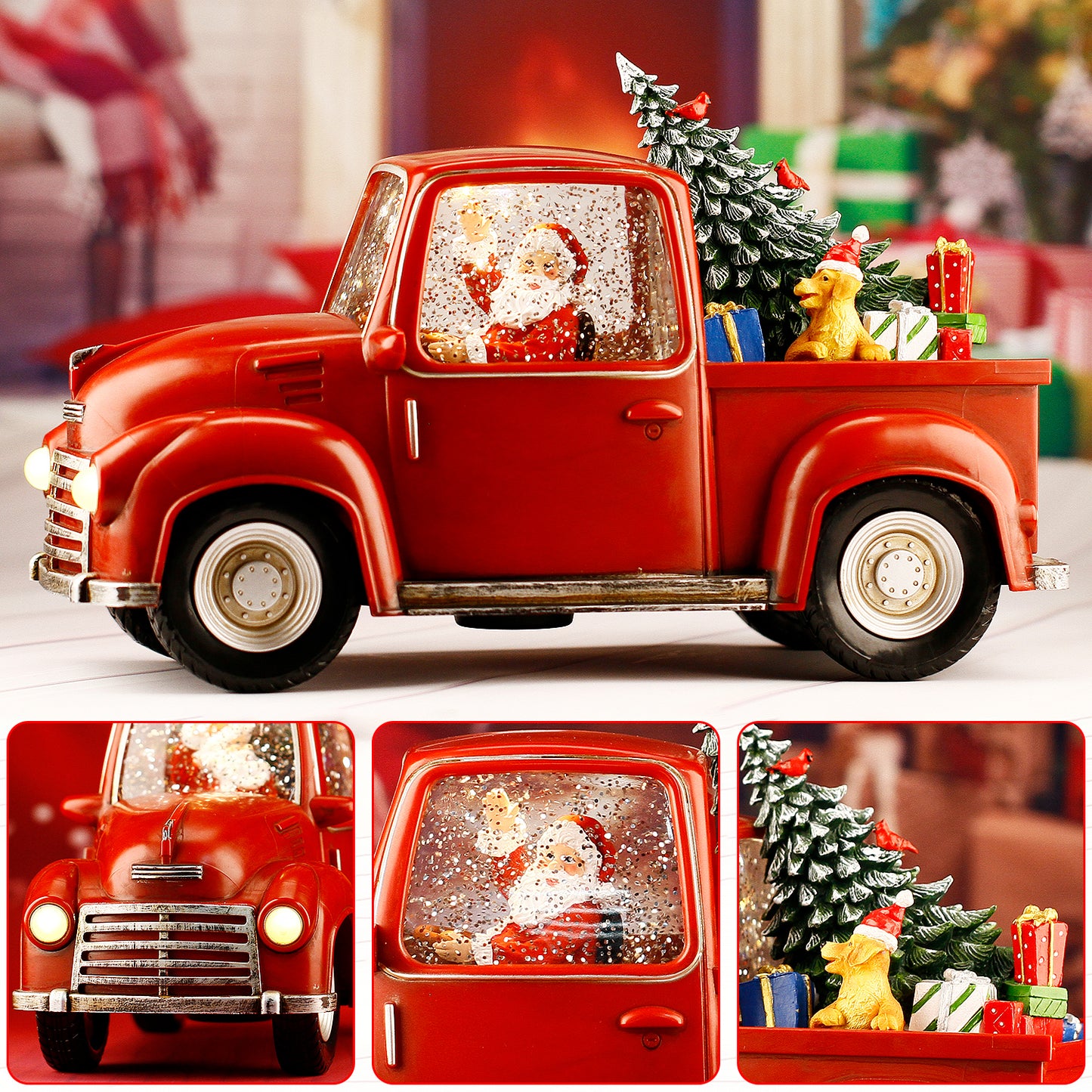 Christmas Red Truck Christmas Tree Santa Claus Driving Car Lighted Swirling Glitter Snow Globe Kids Toy Vintage Truck Christmas Decor