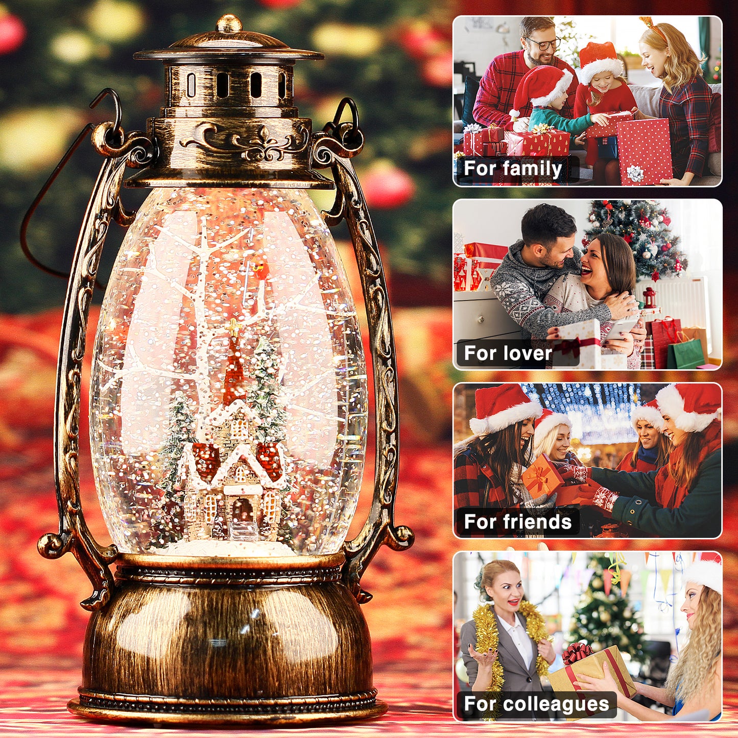 Christmas Snow Globe Lantern, Christmas Village Church Scene Lighted Snow Globes Musical with Swirling Glitter, Battery Powered Retro Style Red Water Lantern for Gifts and Home Decor