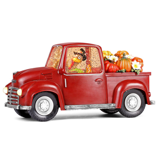 Lighted Christmas Water Lantern, Turkey in Vintage Red Truck with Pumpkins for Gifts and Holiday Decor, Snow Globe with Swirling Glitter