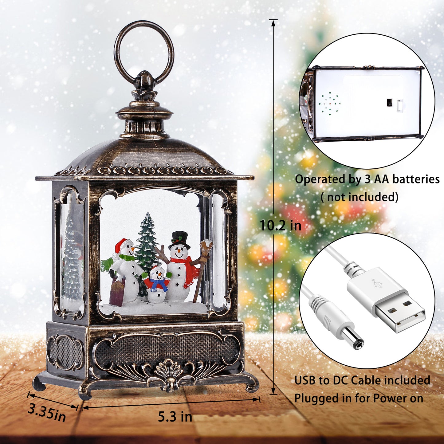 Christmas Church Decorations Musical Snow Globe Lantern, Lighted Snow Globe with Swirling Glitter , 3 AA Battery Operated & USB Powered, Snowman Family Interior…