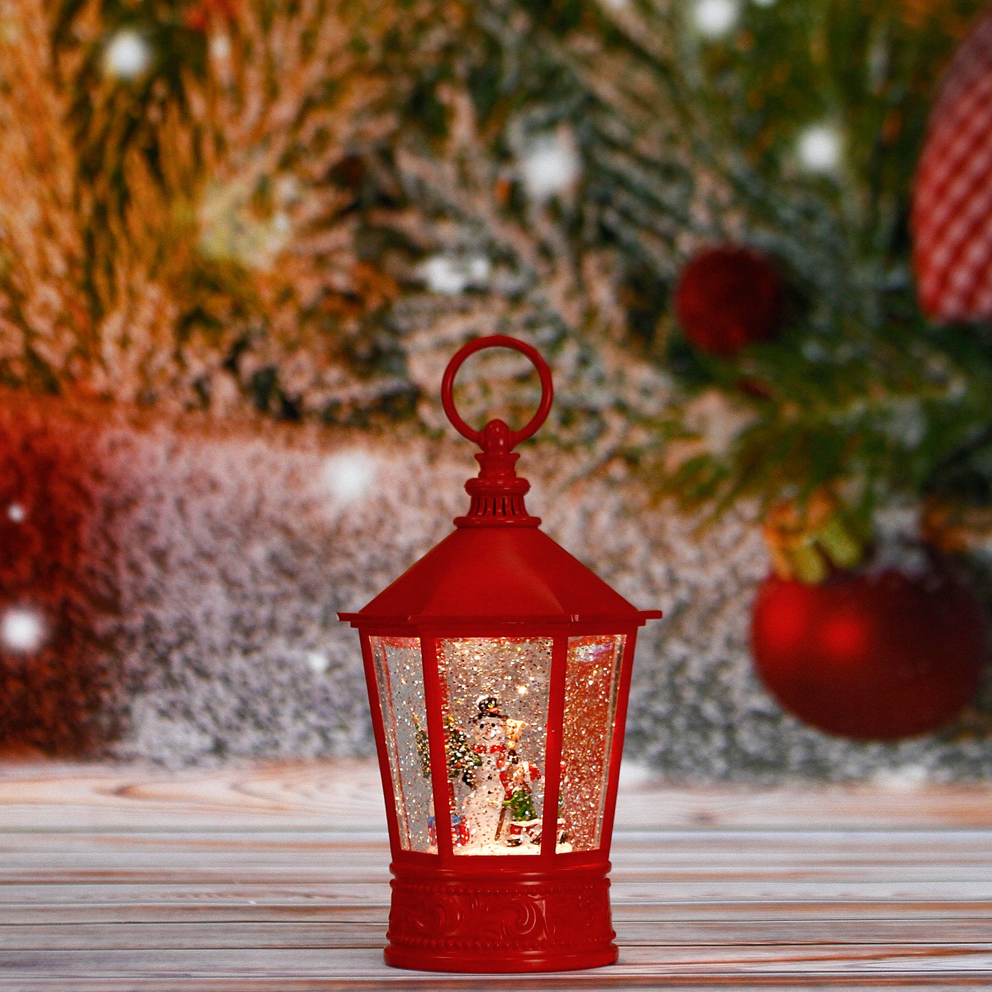 Christmas Snow Globe Lantern-Red Pavilion Shaped Lighted Water Snow Globe Lantern with 6H Timer,Battery Operated & USB Operated Music Box for Christmas Home Decoration and Gift