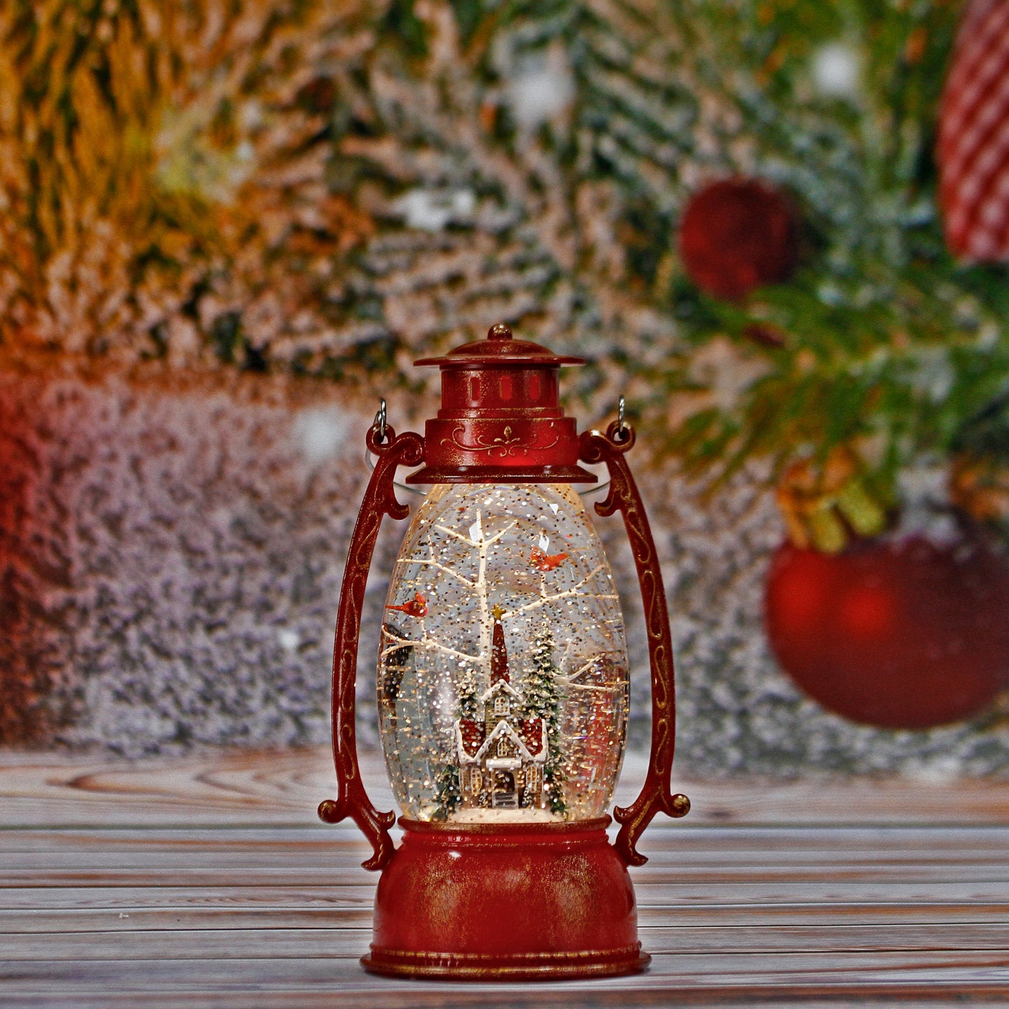 Cardinal Snow Globe,Christmas Festival Snow Globe ,Water Glittering Lantern Swirling，9.4 inch Gifts Festival Ornament Musical red Cardinal/Church,Trees and House, Battery or USB Powered