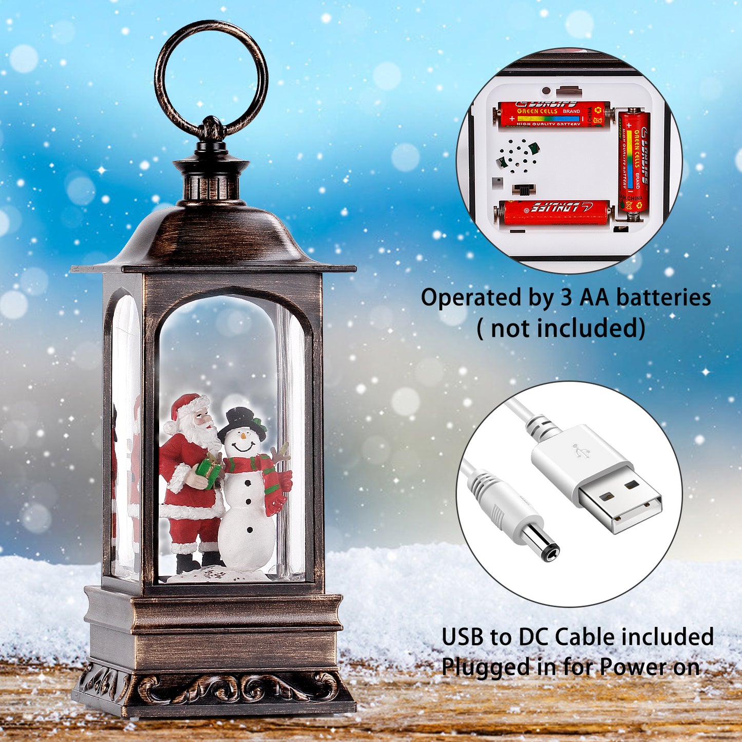 Christmas Decorations Musical Snow Globe Lantern, Water Glittering Lighted Plug-in , 3 AAA Battery Operated & USB Powered, Santa Claus, Christmas Tree and Elk…