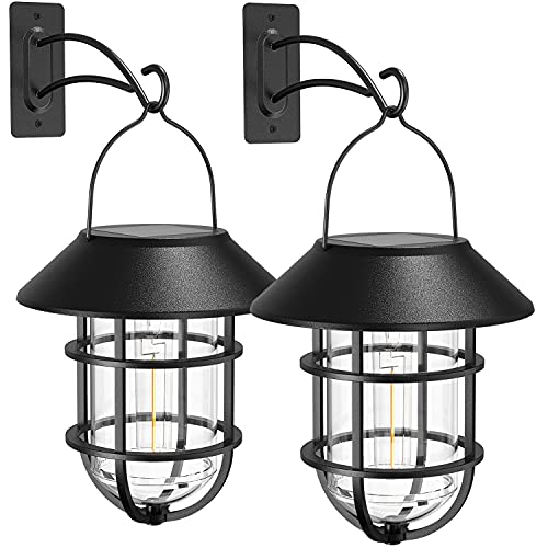 Solar Lantern Outdoor Wall Lights, Dusk to Dawn Waterproof Solar Lights Outdoor, Anti-Rust Metal Hanging Wall Lantern Sconces with Hooks, No Wiring Required, 2 Pack