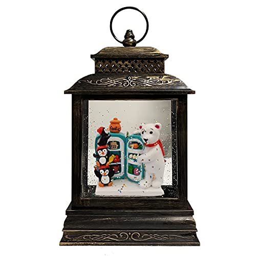 GOOSH Lighted Christmas Snow Globe Lantern, Penguins, Polar Bear with Refrigerator in Musical Decoration Gift with Battery Operated LED Water Glittering Music Playing with 6H Timer