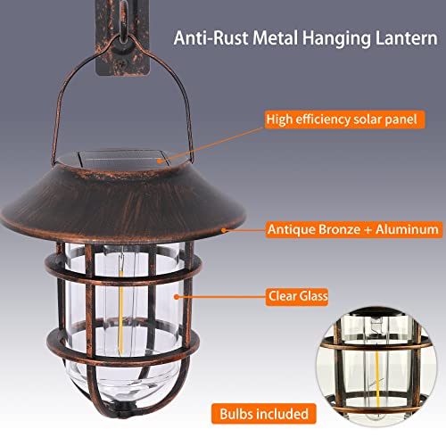 Solar Lantern Outdoor Wall Lights, Dusk to Dawn Waterproof Solar Lights Outdoor, Anti-Rust Metal Hanging Wall Lantern Sconces with Hooks, No Wiring Required,Bronze