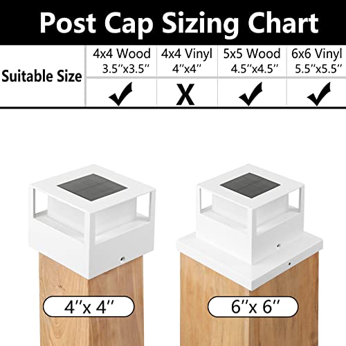 6 Pack Solar Post Lights Outdoor Solar Post Cap Lights, 20 Lumen High Brightness Waterproof LED Fence Post Solar Lights with Base for 4x4 5x5 6x6 Wooden Posts,White