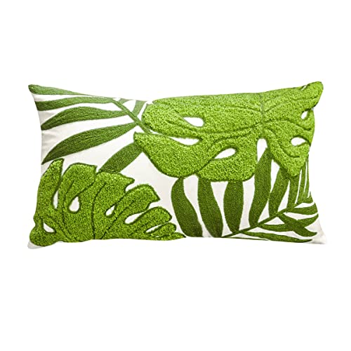 Mulzeart Cotton Embroidery Tropical Green Leaf Palm Pattern Throw Pillow Covers, Woven Comfy Decorative Pillows Covers Cushion Case for Couch Sofa Bedroom Car, Pillow Case ONLY(12 x 20 Inch)