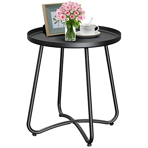 Outdoor Side Table, Small Round End Table with Tray top, Waterproof Metal Patio Side Table for Garden Balcony Entryway, Easy Assembly