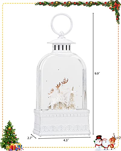 Snow Globe, Christmas Snow Globe, White Musical Sparkly Swirling Snow Globe Lantern, Christma Ornament Moose Deer Gift, Battery or USB Powered (9.9Inch)