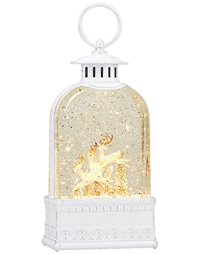 Snow Globe, Christmas Snow Globe, White Musical Sparkly Swirling Snow Globe Lantern, Christma Ornament Moose Deer Gift, Battery or USB Powered (9.9Inch)