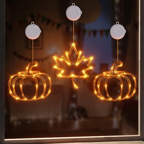 Fall Decor Lighted Window Decoration, 3 Pack Thanksgiving Maple Leaves & Pumpkin Lights, Battery Operated LED Fall Decorations for Home Autumn Thanksgiving Harvest Party Decorations