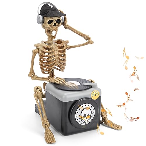 Halloween Animated Decorations,DJ Skeletons Halloween Indoor Decoration,Battery Operated Spooky Skull Halloween Tabletop Ornament Props Toys Gifts Party Favors