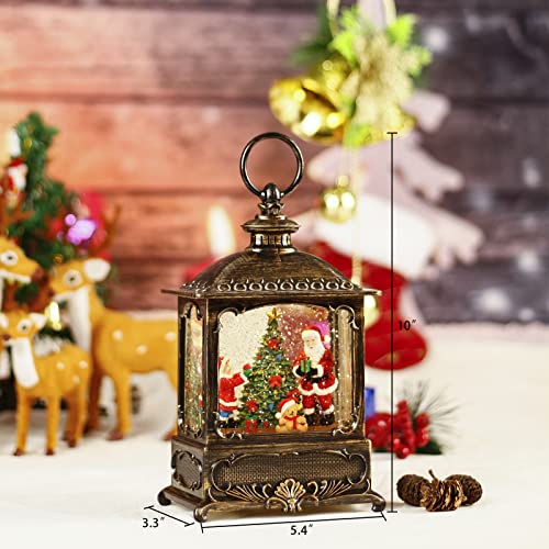 Christmas Church Decorations Musical Snow Globe Lantern, Lighted Snow Globe with Swirling Glitter , 3 AA Battery Operated & USB Powered, Santa Claus and Christmas Tree with Gifts