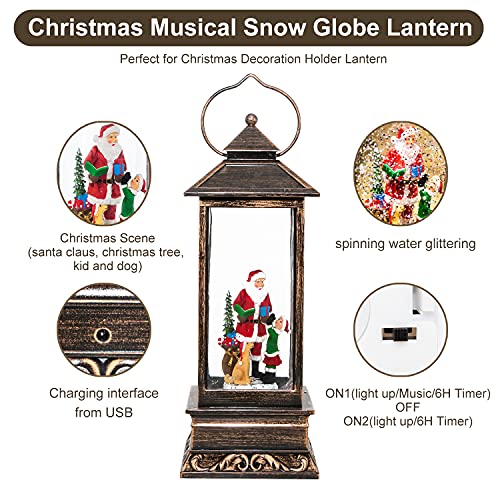 Christmas Musical Snow Globe Lantern, USB Powered & Battery Operated Lighted Christmas Water Glittering Snowing Globe Christians Lantern for Christmas Decorations and Gifts (Santa Claus and Dog)