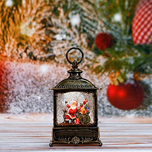 Musical Snow Globe Water Lantern with Timer, Battery Operated & USB Cord Powered Water Glitters Swirling Snow Globe Lantern Holiday Home Decor(Santa Claus and Gifts)