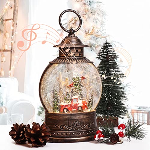 Red Truck Lighted Snow Globe, 10" Musical Christmas Snow Globe Lantern with Swirling Glitter for Christmas Holiday Home Decor