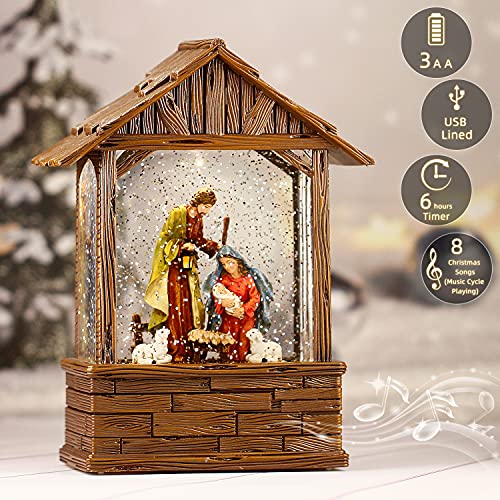 Nativity Lighted Water Lantern, Musical Snow Globe with Swirling Glitter, Battery Operated & Timer