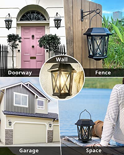 TEKLAPS Solar Wall Lantern Lights 2 Pack,Outdoor Hanging Solar Lights Decoration,Anti-Rust & Waterproof Stainless Wall Lights,Powder Coat Black + UV Protection with Glass Lampshade,3000K Warm