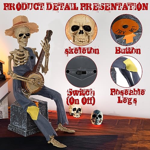 Halloween Animated Decorations,Banjo Skeletons Halloween Indoor Decoration,Battery Operated Spooky Skull Halloween Tabletop Ornament Props Toys Gifts Party Favors