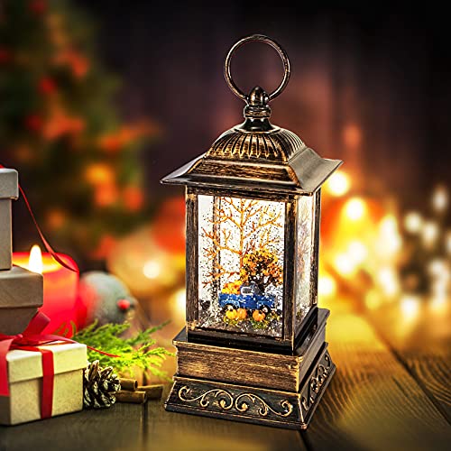 Fall Home Decor Snow Globe Lantern Thanksgiving Ornament Farm Blue Truck with Pumkin for Kids Thanksgiving Harvest Halloween Decoration Celebrate LED Lights