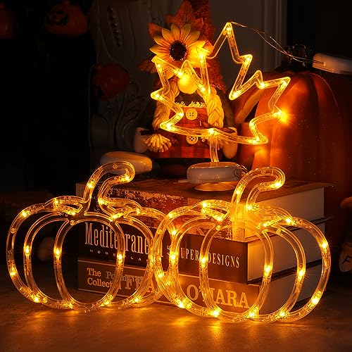 Fall Decor Lighted Window Decoration, 3 Pack Thanksgiving Maple Leaves & Pumpkin Lights, Battery Operated LED Fall Decorations for Home Autumn Thanksgiving Harvest Party Decorations