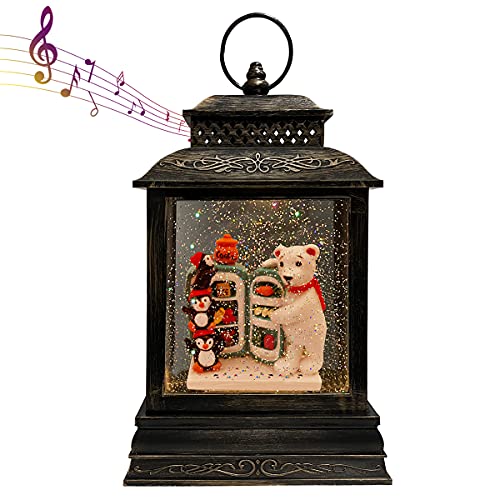 GOOSH Lighted Christmas Snow Globe Lantern, Penguins, Polar Bear with Refrigerator in Musical Decoration Gift with Battery Operated LED Water Glittering Music Playing with 6H Timer