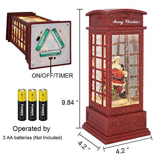Eldnacele Christmas Snow Globe Lantern Phone Booth, Swirling Water Glittering Battery Operated Festicval Ornament with Timer for Christmas Tabletop Centerpiece Home Decoration(Phone Booth)