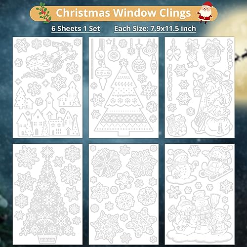 Christmas Window Cling Snowflake Window Clings for Glass Windows, 6 Sheet Christmas Window Decorations Decals for Winter Christmas Home Party Decor