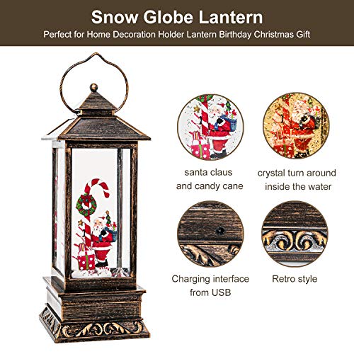 Christmas Musical Snow Globe Lantern, Spinning Water Glittering with 6 Hours Timer, USB Powered & Battery Operated for Christmas Decorations and Gifts (Santa Claus and Candy Cane)