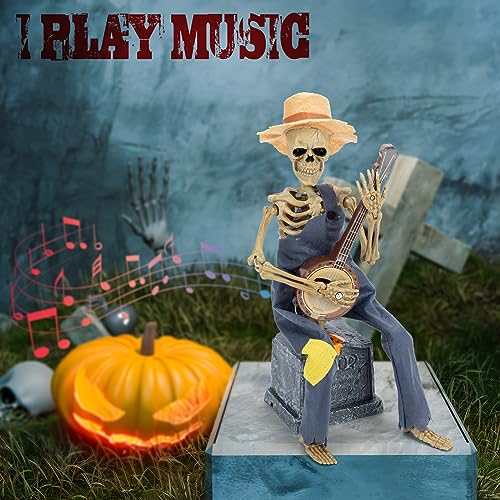 Halloween Animated Decorations,Banjo Skeletons Halloween Indoor Decoration,Battery Operated Spooky Skull Halloween Tabletop Ornament Props Toys Gifts Party Favors