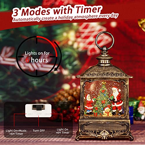 Christmas Church Decorations Musical Snow Globe Lantern, Lighted Snow Globe with Swirling Glitter , 3 AA Battery Operated & USB Powered, Santa Claus and Christmas Tree with Gifts