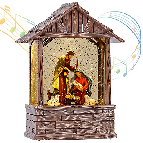 Nativity Lighted Water Lantern, Musical Snow Globe with Swirling Glitter, Battery Operated & Timer