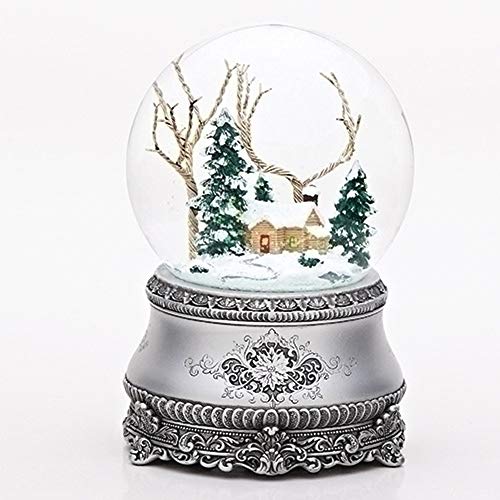 Roman 5.5 Inch Tall Musical Cottage Glitterdome with Silver Base Windup 100MM