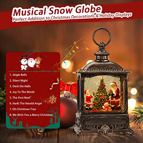 Christmas Church Decorations Musical Snow Globe Lantern, Lighted Snow Globe with Swirling Glitter , 3 AA Battery Operated & USB Powered, Santa Claus and Christmas Tree with Gifts