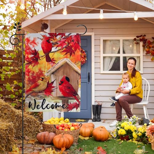 Cardinal Red Bird Welcome Garden Flags Fall 12×18 Double Sided for Outside Decoration Farmhouse Fall Decor Seasonal Yard Flags Red Bird Vertica Flags for a Festive Holiday Autumn Thanksgiving Decorations for Home