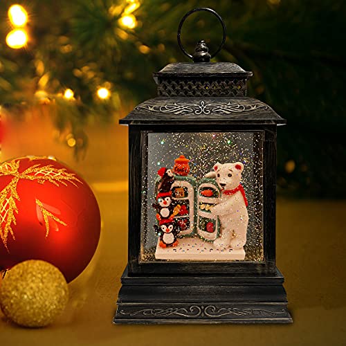 GOOSH Lighted Christmas Snow Globe Lantern, Penguins, Polar Bear with Refrigerator in Musical Decoration Gift with Battery Operated LED Water Glittering Music Playing with 6H Timer