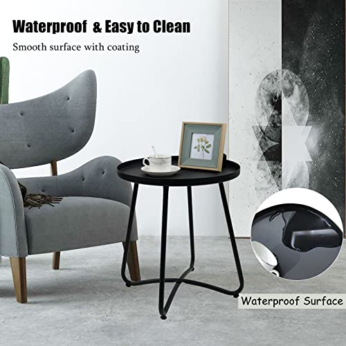 Outdoor Side Table, Small Round End Table with Tray top, Waterproof Metal Patio Side Table for Garden Balcony Entryway, Easy Assembly
