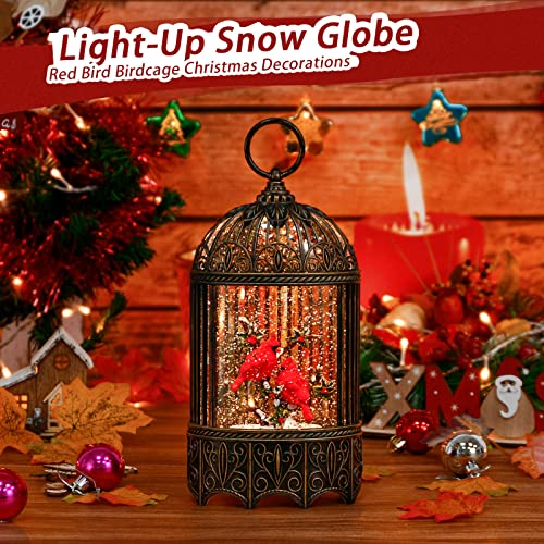 Cardinal Snow Globe, Red Bird Birdcage Christmas Decorations, Lighted Christmas Snow Globe Lantern with Swirling Glitter