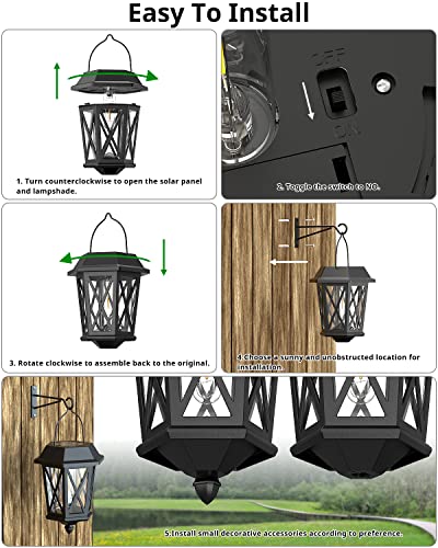 TEKLAPS Solar Wall Lantern Lights 2 Pack,Outdoor Hanging Solar Lights Decoration,Anti-Rust & Waterproof Stainless Wall Lights,Powder Coat Black + UV Protection with Glass Lampshade,3000K Warm