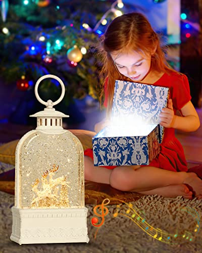 Snow Globe, Christmas Snow Globe, White Musical Sparkly Swirling Snow Globe Lantern, Christma Ornament Moose Deer Gift, Battery or USB Powered (9.9Inch)