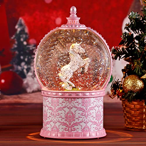 Unicorn Musical Snow Globes, 7.1 Inch Lighted Snow Globe with Swirling Glitter, Battery Operated & USB Powered