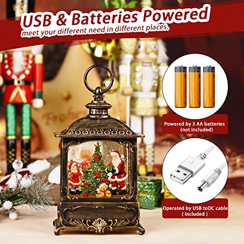 Christmas Church Decorations Musical Snow Globe Lantern, Lighted Snow Globe with Swirling Glitter , 3 AA Battery Operated & USB Powered, Santa Claus and Christmas Tree with Gifts